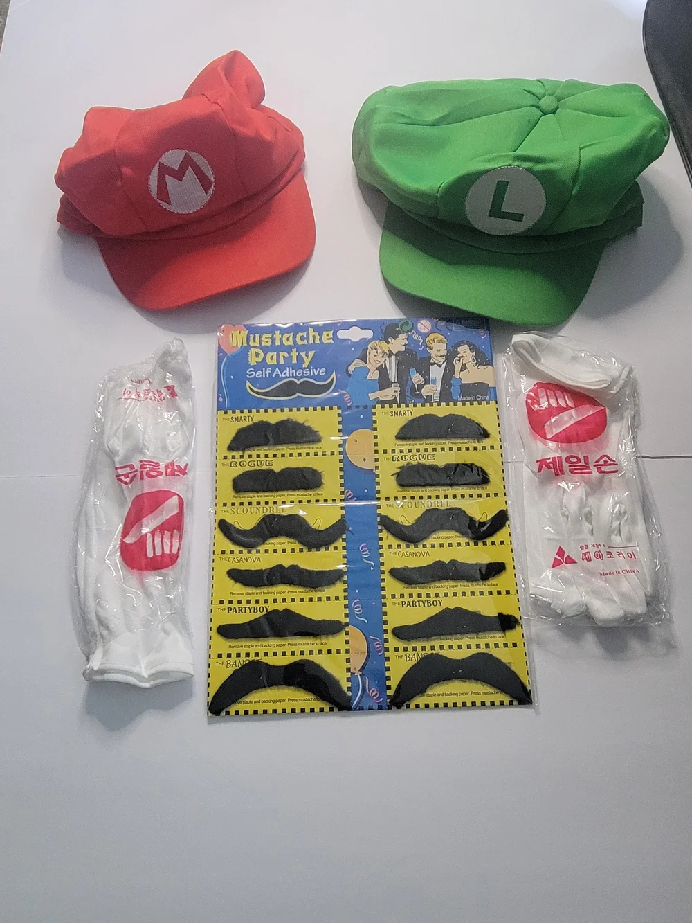 Mario & Luigi Costume Hat Set with Gloves and Stick-On Mustaches